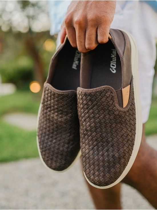OluKai Lae‘ahi Lauhala Woven Leather Shoes Dark Java Mens Size 14 EUR 47
